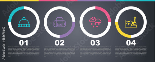 Set line Winter hat, Sport bag, Cloud with snow and Shovel snowdrift. Business infographic template. Vector