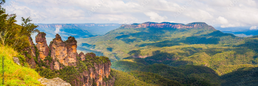 Panoramic Photo of The Three Sisters and Mt Solitary in the Blue Mountains Area, Australia