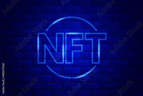 Concept banner NFT non fungible tokens on dark blue brick wall background. Vector illustration