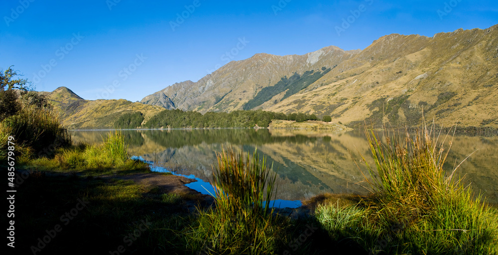 Panoramic Photo of Early Morning Reflections at Lake Moke, Queenstown, South Island, New Zealand