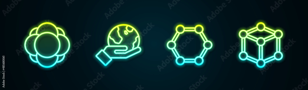 Set line Molecule, Hand holding Earth globe, and . Glowing neon icon. Vector Set line Molecule, Hand holding Earth globe, and . Glowing neon icon. Vector