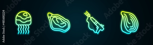 Set line Jellyfish, Mussel, Fishing harpoon and . Glowing neon icon. Vector