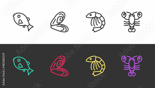 Set line Tropical fish, Mussel, Shrimp and Lobster on black and white. Vector