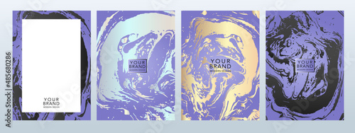 Modern luxury cover design set. Elegant fashionable background with abstract marble, fluid, grunge pattern in violet, gold, black color. Vector template for elite menu, flyer, vip card, web design.