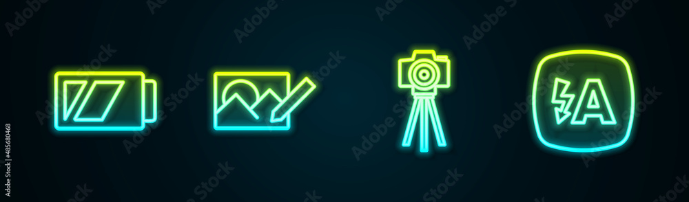 Set line Battery for camera, Photo retouching, and Auto flash. Glowing neon icon. Vector Set line Battery for camera, Photo retouching, and Auto flash. Glowing neon icon. Vector