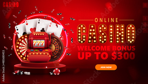 Online casino, red banner with button, red podium with slot machine, Casino Wheel Fortune, Roulette, poker chips, playing cards and neon ring on background