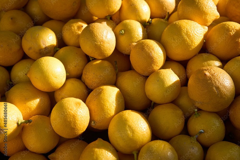 Full Frame of Fresh juicy lemons on the farmers market
