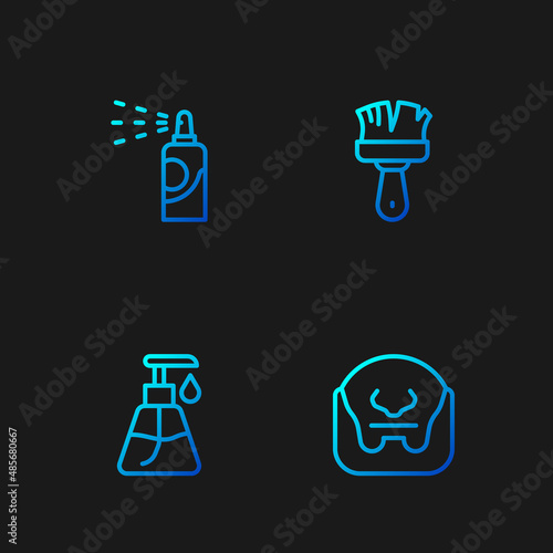 Set line Mustache and beard, Cream cosmetic tube, Spray can for hairspray and Shaving brush. Gradient color icons. Vector