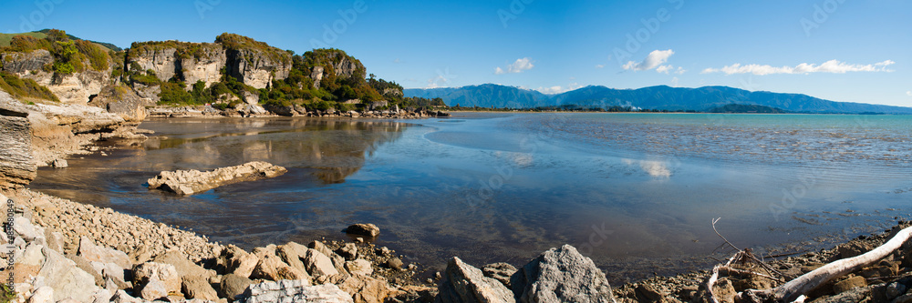 Panoramic Photo of Rugged, Rocky, Ligar Bay in the Golden Bay Region of South Island, New Zealand