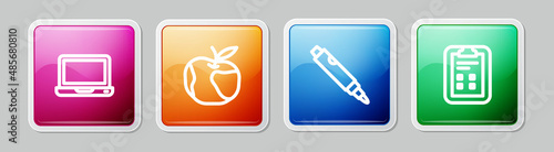 Set line Laptop, Apple, Marker pen and Exam sheet with check mark. Colorful square button. Vector