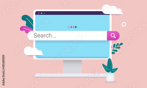 Search bar on computer screen - Desktop pc with blue internet search page and decorative design elements. Vector illustration