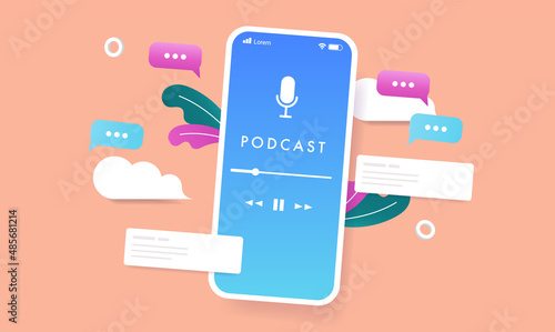 Phone with podcast on screen - vector illustration of smartphone using app and various design elements floating in background