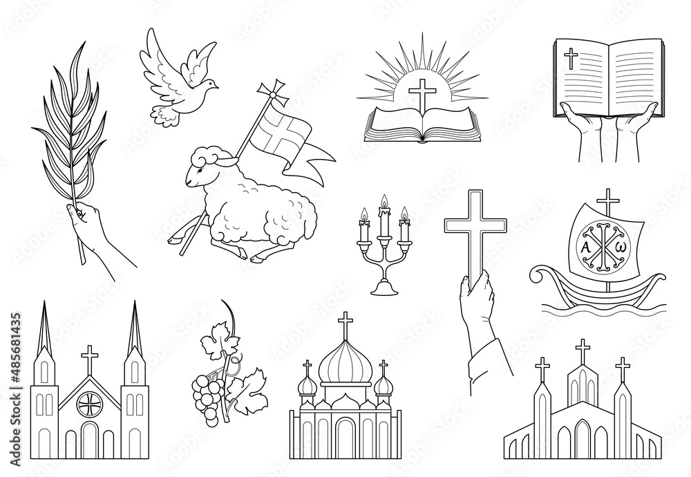 Religious Christian signs and symbols. Set icons Church,  flying pigeon, cross, open bible and ship. Lamb is a symbol of Christ's sacrifice. Hands holding bible, cross, palm branch. Isolation. Vector