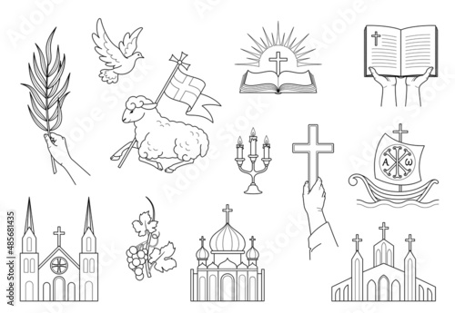 Religious Christian signs and symbols. Set icons Church,  flying pigeon, cross, open bible and ship. Lamb is a symbol of Christ's sacrifice. Hands holding bible, cross, palm branch. Isolation. Vector