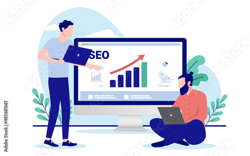 SEO work - Two people working with Search engine optimisation in front of computer screen with rising graph. Flat design vector illustration with white background