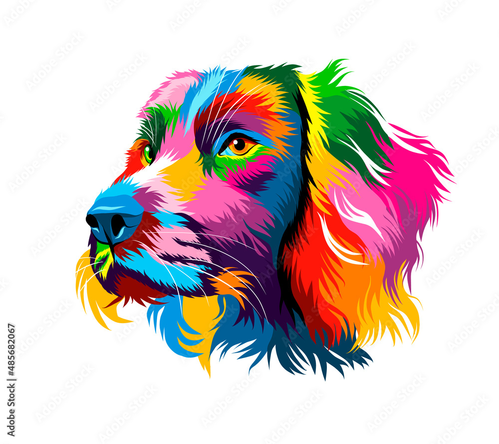 Abstract spaniel dog head portrait from multicolored paints. Puppy muzzle portrait, dog muzzle. Colored drawing. Vector illustration of paints