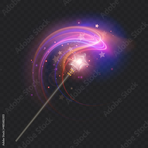 Magic wand with glowing swirl and sparkles isolated on transparent background. The magic scepter with stardust