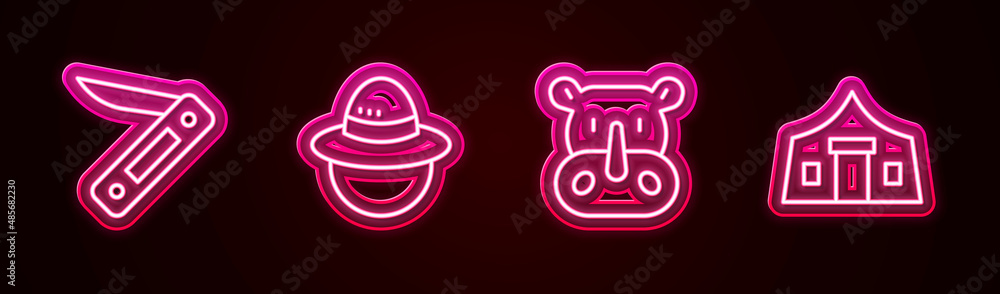 Set line Swiss army knife, Camping hat, Rhinoceros and Tourist tent. Glowing neon icon. Vector Set line Swiss army knife, Camping hat, Rhinoceros and Tourist tent. Glowing neon icon. Vector