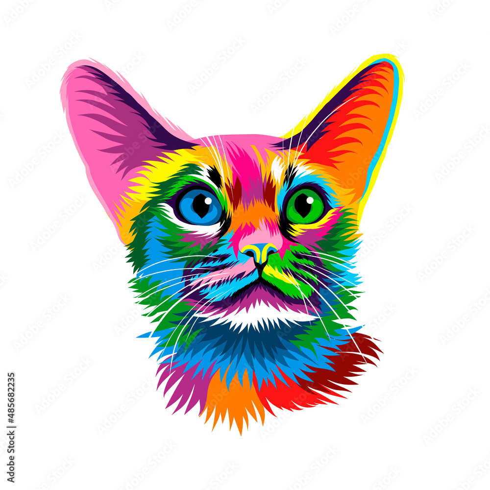 Abstract Oriental cat head portrait from multicolored paints. Abyssinian cat colored drawing. Portrait of a muzzle of a kitten, muzzle of a cat. Vector illustration of paints