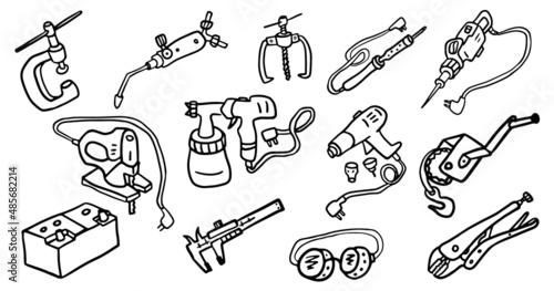 Set of construction tools in doodle style. Isolated vector.
