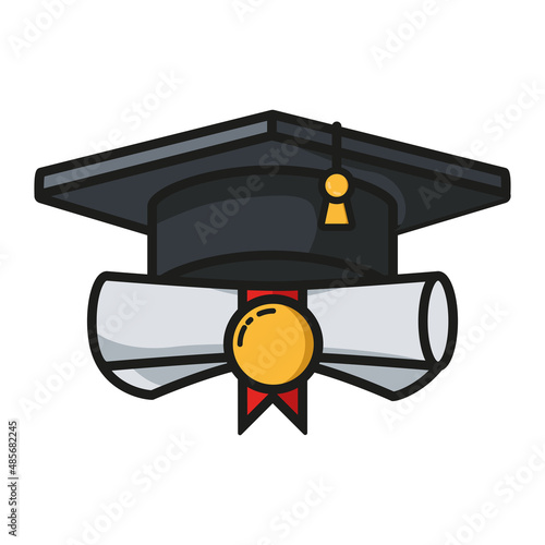 Vector Illustration of Graduation cap with diploma rolled scroll, Graduation Hat Symbol color icon, Diploma Rolled Scroll Icon Illustration, Graduate hat and Rolled Scroll vector white background