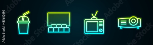 Set line Paper glass with water, Cinema auditorium screen, Retro tv and Movie, film, media projector. Glowing neon icon. Vector
