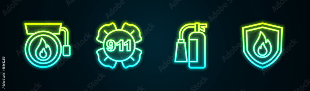 Obraz premium Set line Ringing alarm bell, Emergency call 911, Fire extinguisher and protection shield. Glowing neon icon. Vector