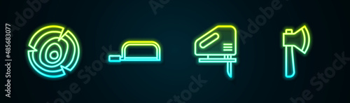 Set line Wooden logs, Hacksaw, Electric jigsaw and axe. Glowing neon icon. Vector