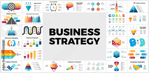 Business Strategy Infographics. Presentation slide templates. 3, 4, 5, 6, 7, 8 steps. Successful startup. Stairs up. Mountain peak. Financial scheme chart, graph, circle diagram, reports. strategy. 