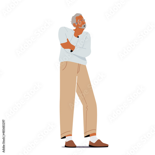 Senility Dementia Concept. Confused Old Male Character Forget Something Isolated on White Background. Forgetful Senior Man
