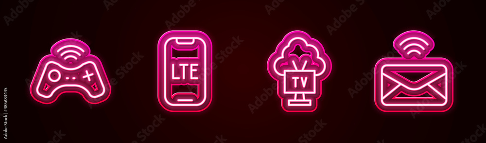 Set line Wireless gamepad, LTE network, Smart Tv and Mail and e-mail. Glowing neon icon. Vector Set line Wireless gamepad, LTE network, Smart Tv and Mail and e-mail. Glowing neon icon. Vector