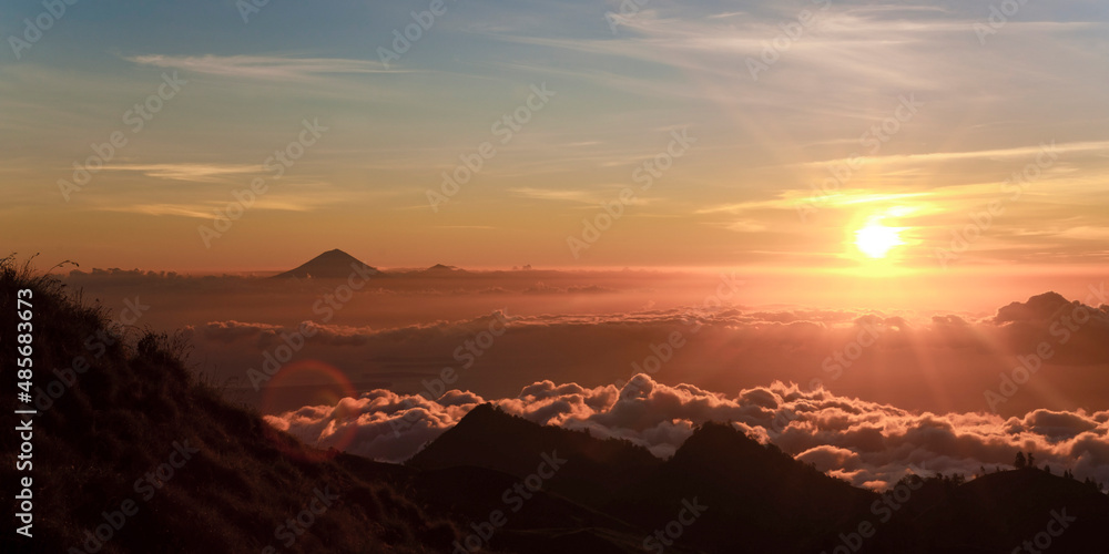 Sunset on the First Day Climbing Mount Rinjani with Mount Agung in the Distance, Lombok, Indonesia, Asia