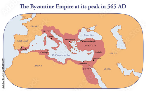 Map of Byzantine Empire at its greatest extent in 565 AD