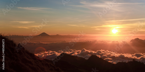 Sunset on the First Day Climbing Mount Rinjani with Mount Agung in the Distance, Lombok, Indonesia, Asia