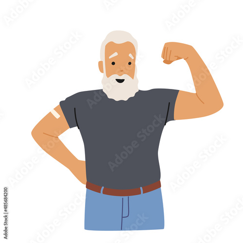 Vaccinated Old Positive Senior with Patch on Shoulder Demonstrate Power Show Muscles Isolated on White Background