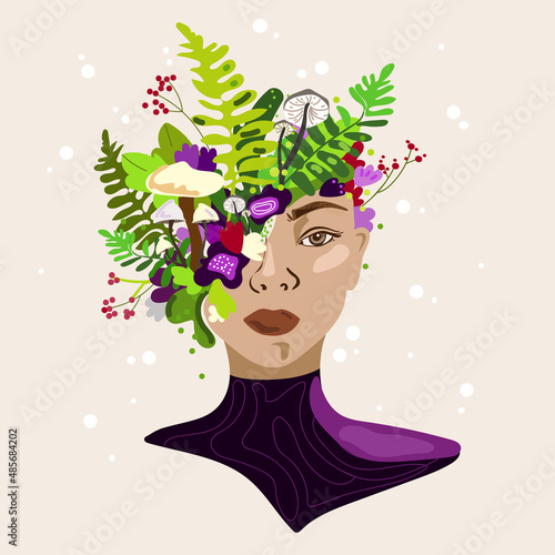 Woman's head with flowers,forest mushrooms and plants for decorative design.Color fashion illustration of a woman with growing flowers from her face and head.Surreal vector design.Woman mental health