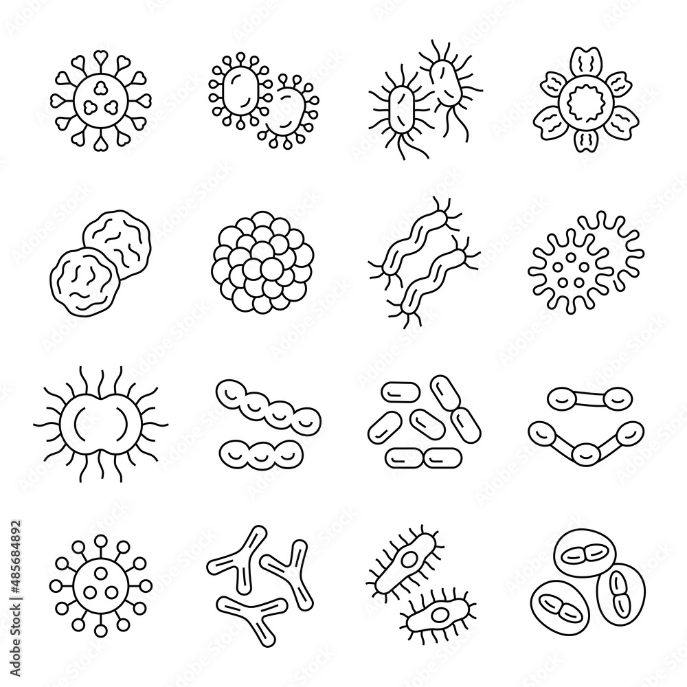 Bacteria and viruses cells microscopic view line icons