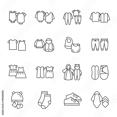 Baby clothes line icon set. Bodysuits, coveralls, sleepwear, girl dresses, booties, t-shirts vector illustrations. Outline pictograms for children fashion store.