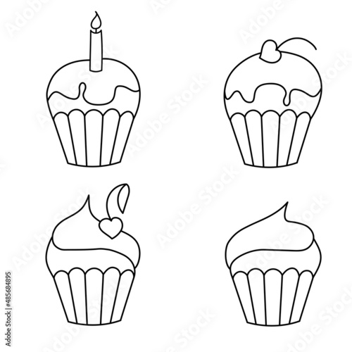 set of four cream pies decorated with a cherry and a candle, birthday celebration, cherry in the form of a heart, valentine's day card, flat graphics, black outline