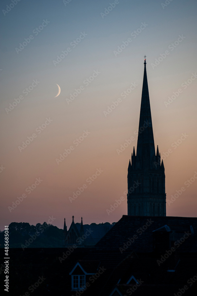 Salisbury Cathedral with the moon at night, Wiltshire, England, United Kingdom, Europe
