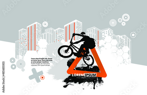 Active man. BMX rider in abstract sport landscape background, vector
