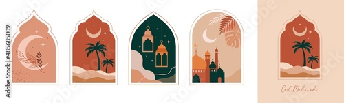 Collection of oriental style Islamic windows and arches with modern boho design, moon, mosque dome and lanterns 