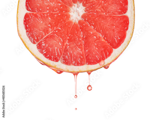 Red grapefruit essential oil dripping. Fresh citrus slice dripping with juice or oil serum ingredient. Seed oil extract. 