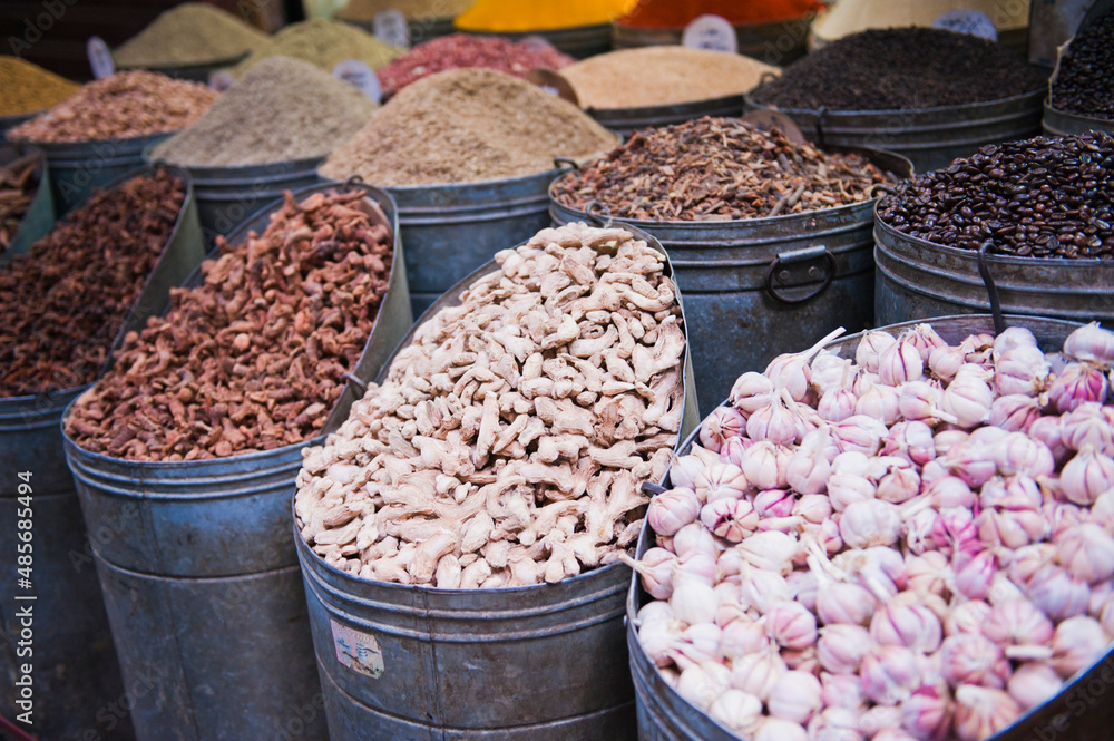 Spices for sale in the Marrakech souks, Morocco, North Africa, Africa