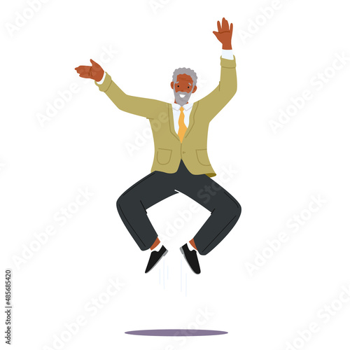 Adult Bearded Man in Casual Clothes Jumping. Happy Senior Male Character Wearing Green Jacket and Black Pants Rejoice