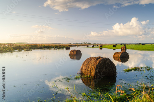 Foto Hay rolls are located in flooded river water in the autumn