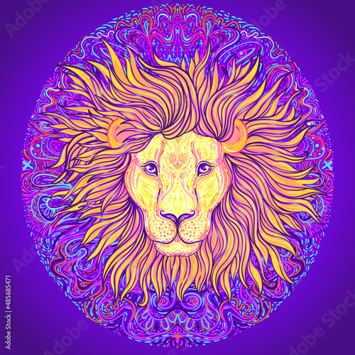 Patterned ornate lion head. African, Indian, totem, tattoo, sticker design. Design of t-shirt, bag, postcard and posters. Vector isolated illustration in bright neon colors. Zodiac sign Leo.