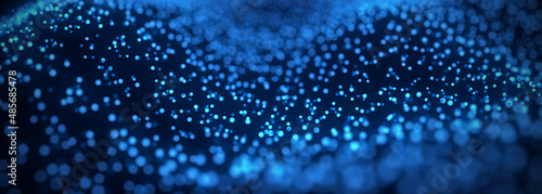 Abstract dynamic wave of blue dots on dark background. Big data visualization 3D. Digital landscape with flowing particles. 3d rendering.