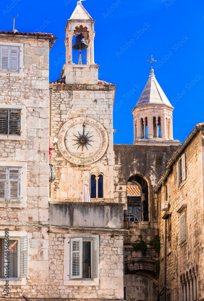 Croatia travel and landmarks. Split -ancient roman well preserved city. View of tower with clocks in downtown