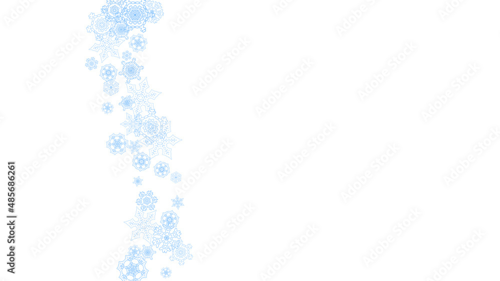 Winter frame with blue snowflakes for Christmas and New Year celebration. Horizontal winter frame on white background  for banners, gift coupons, vouchers, ads, party events. Falling frosty snow.